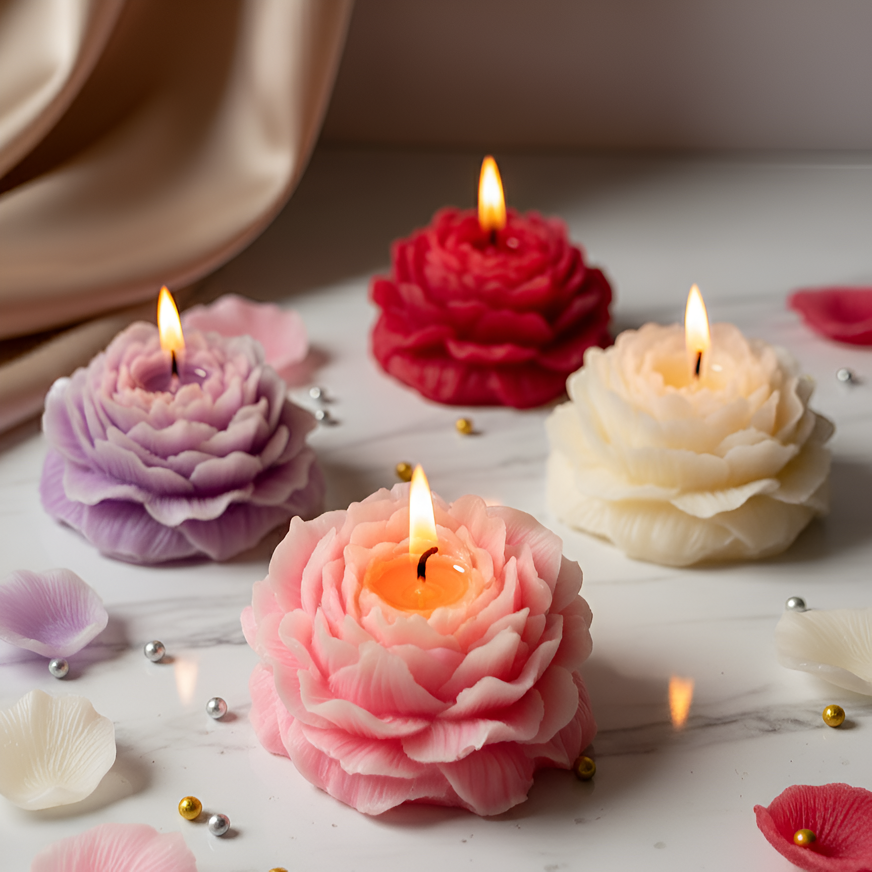 Scented Peony Candle – 3×2 Inch, Wax Type - Soy Wax , available in 4 Colors - Purple White / Pink White / White / Red.